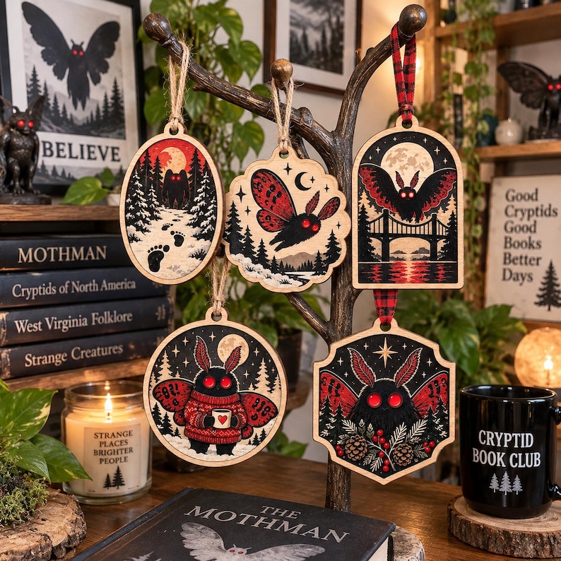 May include: Five wooden hanging ornaments featuring illustrations of moth-like creatures with red eyes. The designs include a moth in a snowy forest, a flying moth, a moth over a bridge, a moth wearing a sweater, and a moth with pine branches.