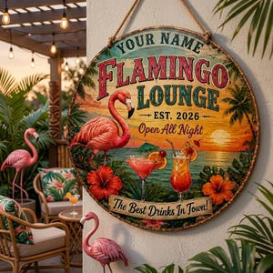 Personalized Flamingo Lounge Wood Sign or Metal Sign, Custom Flamingo Sign, Lounge Plaque, Summer Gift, Beach Lounge Decor