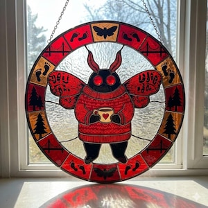 Mothman Glasmalerei Suncatcher, Cryptid Fensterschmuck, Fabelwesen Ornament, Gothic Paranormal Geschenk, Halloween Dekor