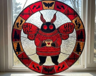 Mothman Stained Glass Suncatcher, Cryptid Window Hanging Decor, Mythical Creature Ornament, Gothic Paranormal Gift, Halloween Decor