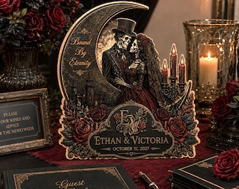 May include: A decorative crescent moon plaque featuring a skeleton couple in wedding attire, the text Bound By Eternity, and the names Ethan & Victoria with the date 31 October 2027. The design includes dark red roses and a candelabra.