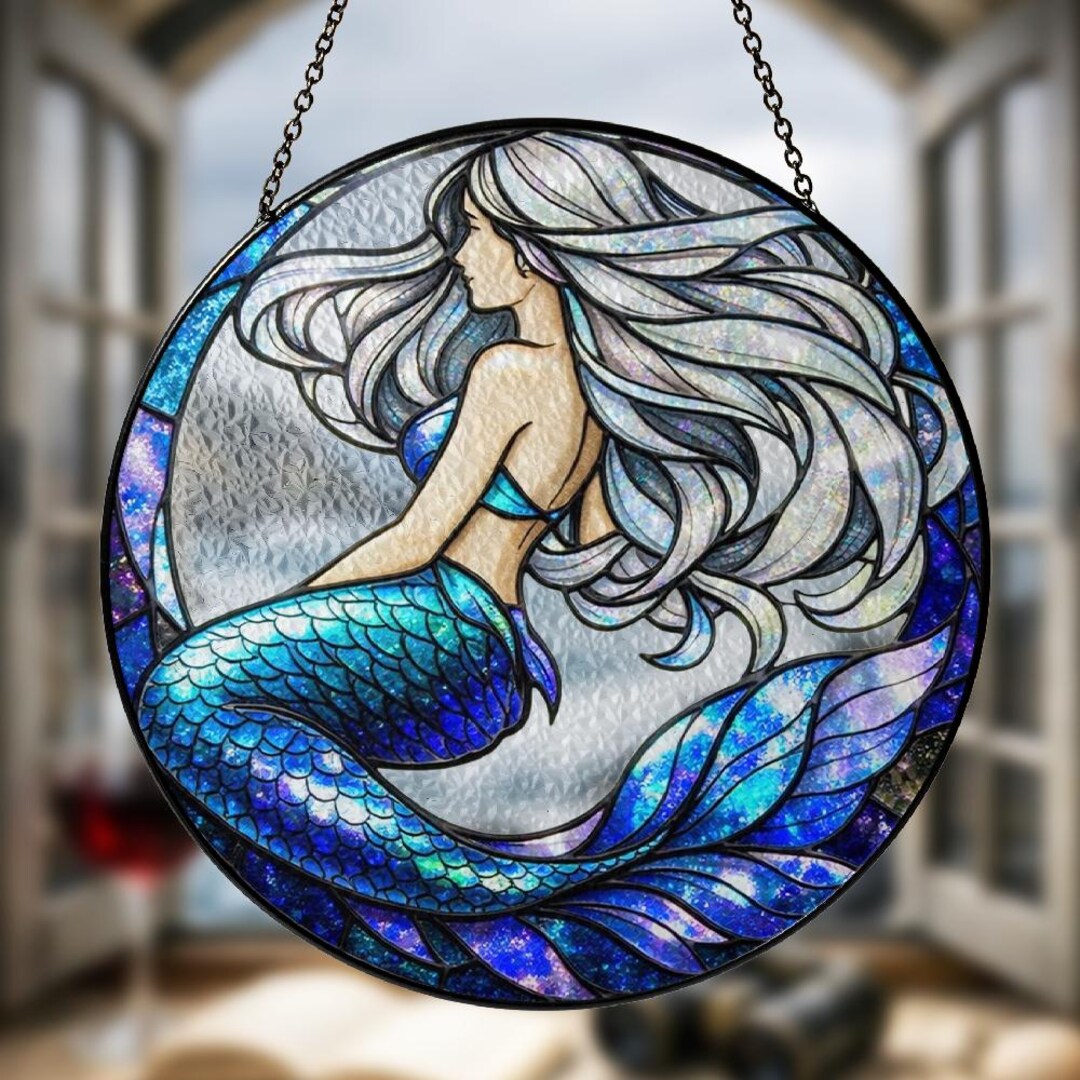 Mermaid Stained Glass Suncatcher, Sea Ocean Suncatcher, Beach Window ...