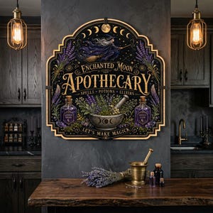 May include: A decorative wall sign featuring a black background with gold text reading "ENCHANTED MOON APOTHECARY SPELLS POTIONS ELIXIRS LET'S MAKE MAGICK". The design includes a witch on a broom, moon phases, purple lavender sprigs, and two potion bottles.