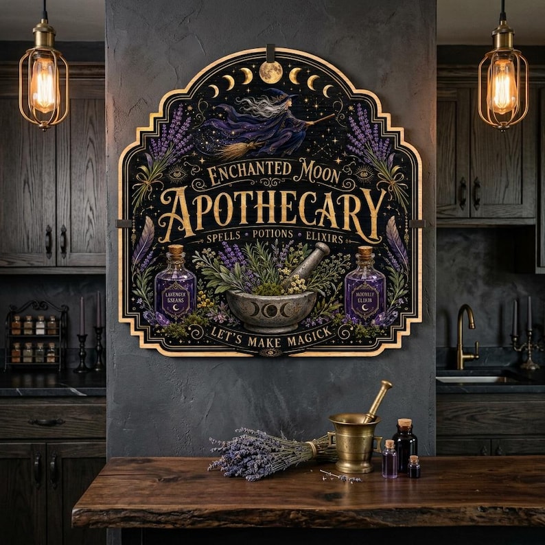 May include: A decorative wall sign featuring a black background with gold text reading "ENCHANTED MOON APOTHECARY SPELLS POTIONS ELIXIRS LET'S MAKE MAGICK". The design includes a witch on a broom, moon phases, purple lavender sprigs, and two potion bottles.