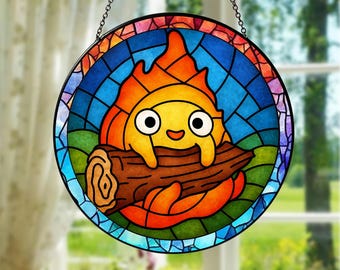 Anime Lover Fire Stained Glass, Japanese Inspired Suncatcher, Gift For Friends Window Hanging, Kids Room Decor Stained Glass, Birthday Gift