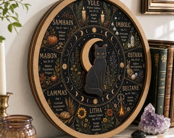 3 Layered Wood Wheel of the Year Wall Decor, Black Cat Pagan Calendar, Wiccan Sabbat Sign, Witchy Moon Phase Altar Decor, Yule Gift