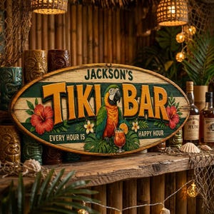 Personlig tryckt Tiki Bar-skylt, Anpassad Tiki Hut-dörrskylt, Tiki Lounge-skylt i trä eller metall, Skylt för trädgårdspool, Väggdekoration för strandhus