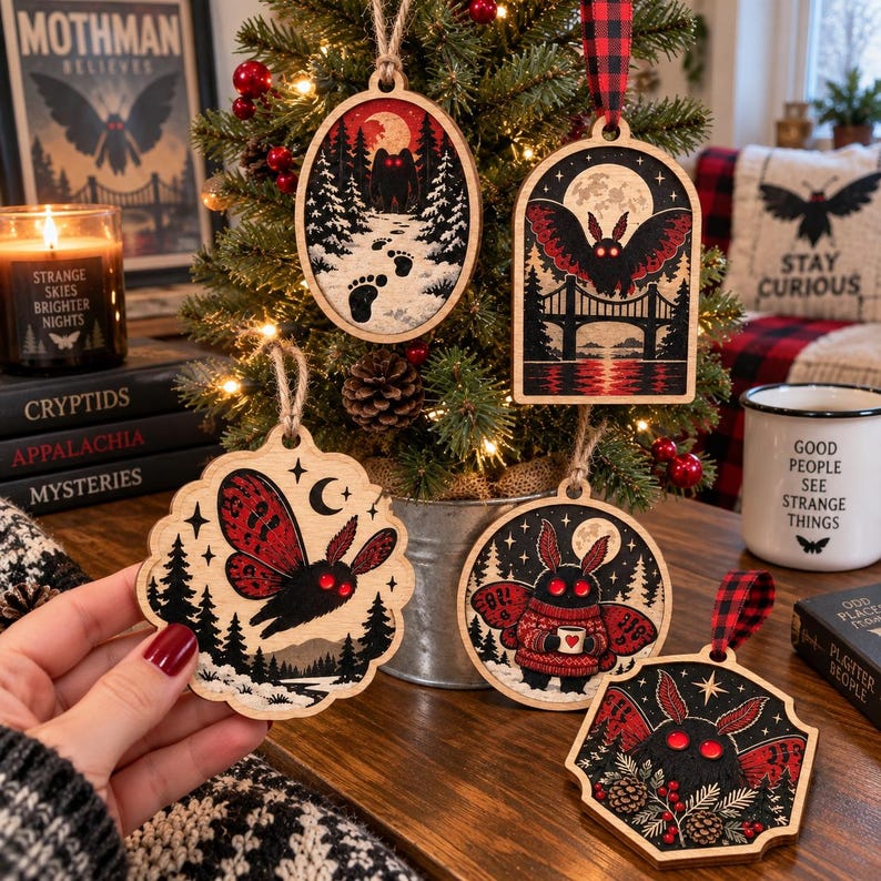 May include: A collection of five wooden ornaments featuring Mothman illustrations in red, black, and white. The designs include a flying creature, a figure in a snowy forest, a moth over a bridge, a moth holding a mug, and a moth with pine branches.