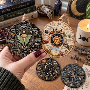 May include: Four circular wooden ornaments featuring the Wheel of the Year with seasonal festivals like Yule, Imbolc, Ostara, Beltane, Litha, Lughnasadh, Mabon, and Samhain. Each piece displays intricate illustrations of nature, celestial bodies, and animals.