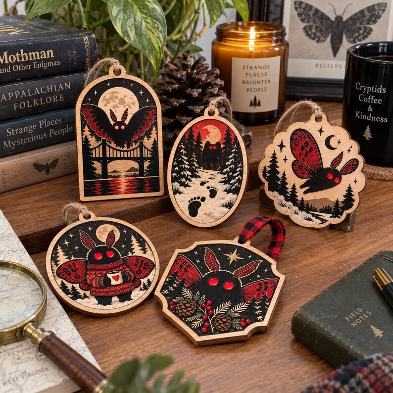 May include: Five wooden ornaments featuring Mothman illustrations with red eyes. Designs include a moth over a bridge, a forest path with footprints, a moth in flight, a moth holding a mug, and a moth with pinecones. Each has a hanging loop.