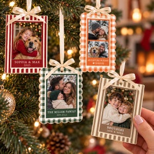 May include: Four rectangular hanging ornaments with cream ribbons, each featuring a photo and text. Designs include red stripes, orange gingham, green gingham, and tan stripes. Text includes names like Sophia & Max, The Miller Family, and Brothers.