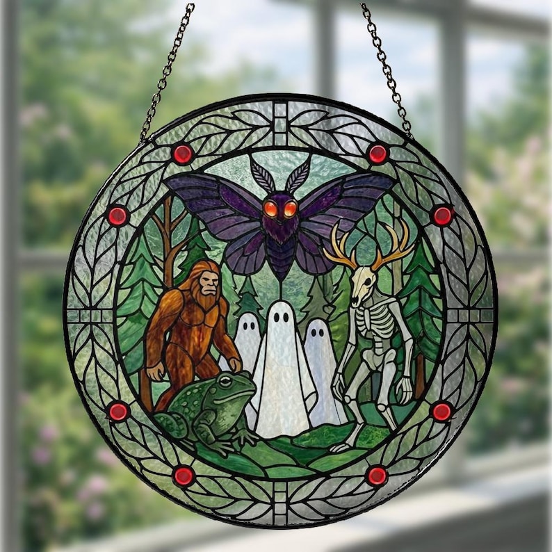 Mothman Stained Glass Suncatcher, Cryptid Window Hanging Decor, Mythical Creature Ornament, Gothic Paranormal Gift, Halloween Decor 画像 7