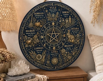 May include: A circular dark blue wooden wall hanging featuring a gold-toned Wheel of the Year design. It displays eight seasonal festivals including Yule, Imbolc, Ostara, Beltane, Litha, Lammas, Mabon, and Samhain with intricate botanical illustrations.