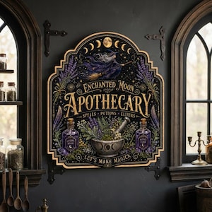 May include: A decorative wooden wall sign featuring the text Enchanted Moon Apothecary, Spells, Potions, Elixirs, and Let's Make Magick. The design includes a witch on a broomstick, lavender sprigs, two purple potion bottles, and a mortar and pestle.