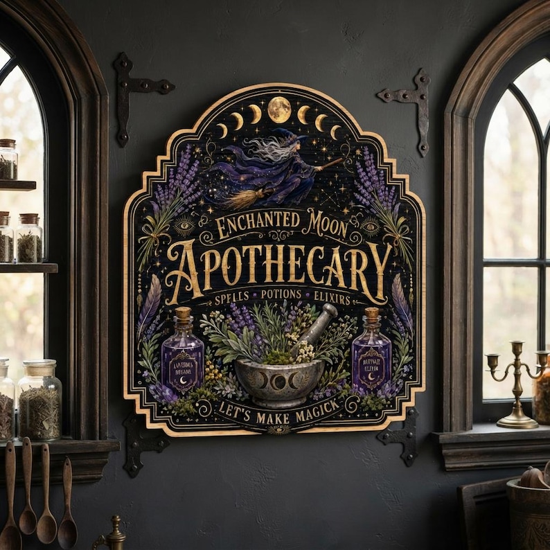 May include: A decorative wooden wall sign featuring the text Enchanted Moon Apothecary, Spells, Potions, Elixirs, and Let's Make Magick. The design includes a witch on a broomstick, lavender sprigs, two purple potion bottles, and a mortar and pestle.