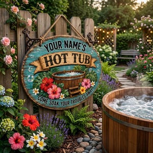 Könnte beinhalten: Ein rundes Holzschild mit türkisfarbener, abgenutzter Oberfläche, das an einem Seil hängt. Es zeigt den Text 'YOUR NAME'S HOT TUB' und 'COME SOAK YOUR TROUBLES AWAY' sowie Abbildungen eines hölzernen Whirlpools, roter Hibiskusblüten und grüner Blätter.