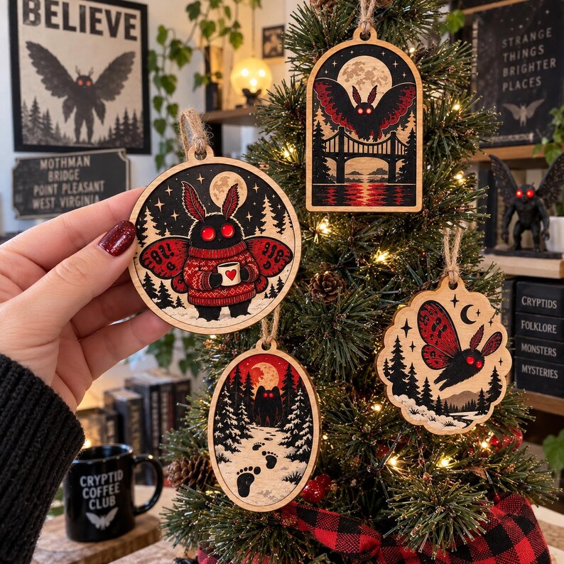 May include: Four wooden ornaments featuring Mothman illustrations. One circular ornament shows a Mothman in a red sweater holding a mug. Another is arched with a Mothman flying over a bridge. An oval one shows footprints in snow, and a scalloped one shows a flying Mothman.