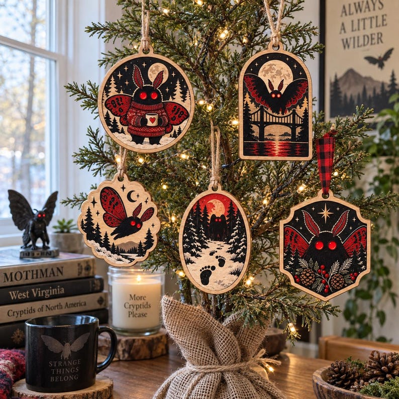 May include: Five wooden ornaments featuring Mothman illustrations in black, red, and white. Designs include a moth in a sweater, a moth flying over a bridge, a moth in flight, a moth in a snowy forest with footprints, and a moth with pinecones.