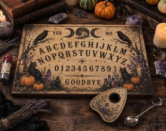 Black Cat and Crow Ouija Board Wooden Sign, Gothic Halloween Wall Decor, Witchy Spirit Board Sign, Dark Academia Spooky Home Decor