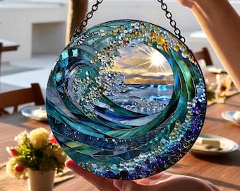 Atrapasueños de océano en espiral, decoración para ventana, arte colgante de vidrio con olas azules, atrapaluz de atardecer dorado, adorno de cristal redondo con horizonte de aguas profundas