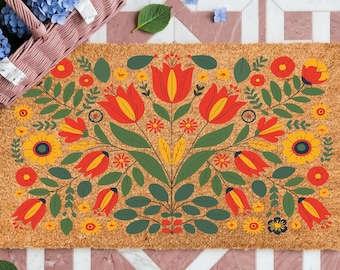 Folk Art Floral Doormat, Scandinavian Tulip Welcome Mat, Cottagecore Doormat, Botanical Entryway Rug, Rustic Nature Inspired Home Decor Gift