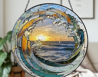 Decoración para ventana con atrapasol de olas oceánicas, arte colgante de vidrio con atardecer marino, atrapasol costero, adorno redondo con vista al agua azul