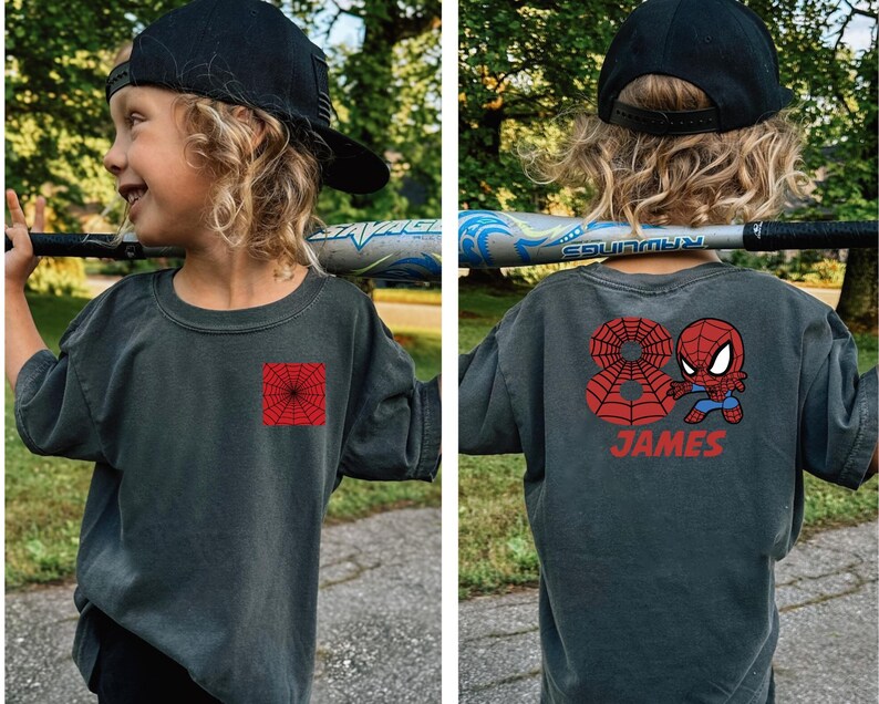 Puede incluir: Camiseta gris oscuro con un dise&ntilde;o de telara&ntilde;a roja en la parte delantera y un gr&aacute;fico de Spider-Man en la parte trasera. La parte trasera de la camiseta tambi&eacute;n presenta el nombre "JAMES" en rojo. La camiseta la lleva un ni&ntilde;o.