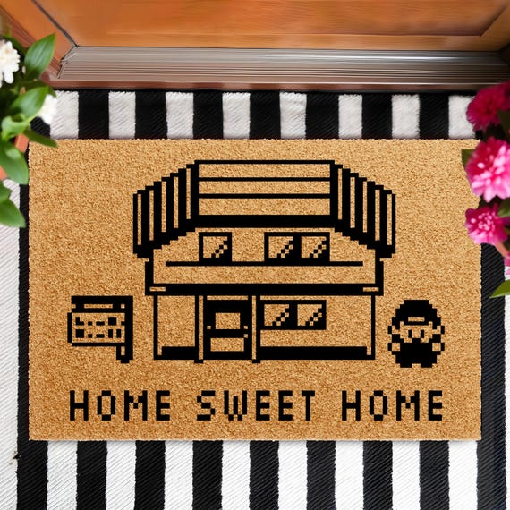Pixel Home Sweet Home Doormat, Retro Gamer Welcome Rug, 8 Bit House Entry Mat, Cute Geeky Porch Carpet, Fun Nerdy Outdoor Floor Accent Decor
