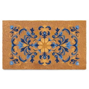 May include: A rectangular doormat with a brown background and a symmetrical floral design. The design features a central yellow flower surrounded by blue and yellow swirling patterns, creating a decorative entrance piece.