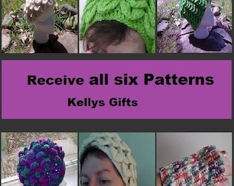 PATTERN: Crochet patterns PDF six Patterns, Hats, Headbands, Wrist Marmer and more, get a free shipping by Kelly Taylor