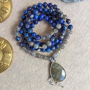 Lapis Lazuli Mala Necklace: Labradorite Pendant, 108 Meditation Beads