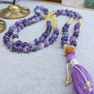 Reiki-Infused Amethyst & Citrine Mala – 108 Gemstone Beads with Cotton Tassel for Meditation, Healing, and Balance