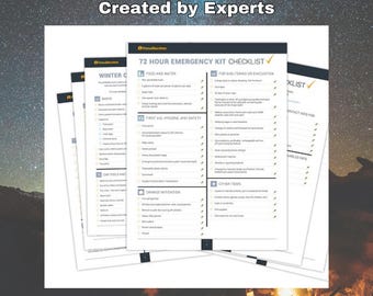 May include: A set of four printable checklists for emergency preparedness. The checklists are titled "72 Hour Emergency Kit Checklist", "Winter Checklist", "Contact Info For", and "Checklist Two". The checklists are printed on white paper and have a blue and gray color scheme.