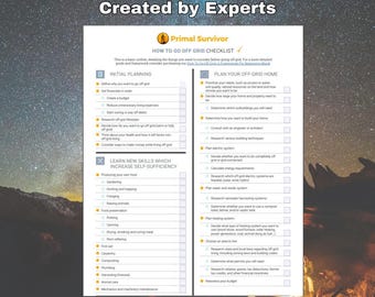 May include: A checklist titled "How To Go Off-Grid Checklist" created by "Primal Survivor" with a checklist of tasks to complete before going off-grid. The checklist is divided into two sections: "Initial Planning" and "Plan Your Off-Grid Home". The checklist includes tasks such as "Get financials in order", "Reduce unnecessary living expenses", "Start saving or pay off debts", "Research off-grid lifestyles", "Decide how far you want to go off-grid", "Learn new skills which increase self-sufficiency", "Producing your own food", "Gardening", "Hunting and trapping", "Fishing", "Raising animals", "Food preservation", "Canning", "Drying, smoking, and curing meat", "Root cellar", "Composting", "First aid", "Carpentry", "Plumbing", "Electrical", "Honework", "Animal care", "Mechanics and machinery maintenance", "Prioritize your needs", "Decide how large your home and property need to be", "Determine which outbuildings you will need", "Consult with an architect", "Research various building techniques", "Plan an electric system", "Decide whether you want to be completely off-grid", "Calculate energy requirements", "Research which off-grid electric systems are feasible", "Plan water and waste systems", "Research rainwater harvesting systems", "Determine whether you want to use a compost toilet system", "Decide what type of heating system you want to use", "Choose an area to live", "Research state and local laws regarding off-grid living", "Determine what permits you will need", "Research rebates, grants, tax deductions, farmer loans, and other financial incentives", "Reassess your budget".