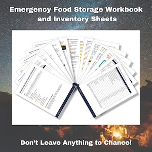 Puede incluir: Un conjunto de hojas de cálculo imprimibles para planificar y organizar el almacenamiento de alimentos de emergencia. Las hojas de cálculo están dispuestas en forma de abanico y presentan un título que dice "Emergency Food Storage Workbook and Inventory Sheets". El texto "Don't Leave Anything to Chance!" está en la parte inferior de la imagen.