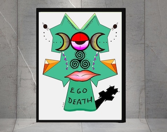 Ego Death, Spiritual hand-drawn art print, Wall Decor Art pieces, Quirky Wall Decor, Gift for friends, Spirituel Art Piece,