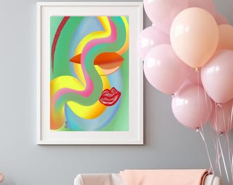 Sausage Girl, Eclectic hand-drawn print, Fun gifts, Abstract Art Print, Wall Decor, Gift for friends, Colorfuk art print, Pop art art print