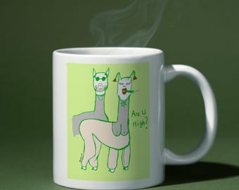GREEN Are you high? Llama White glossy mug, Unique Coffee Mug, Christmas gift, Desig Coffee Mug, Coffee cup for gift, Weed coffeemug,FunMugs