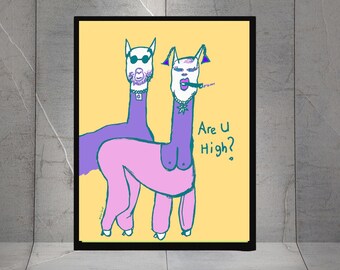 YELLOW, Weed humor art,Are you high? Llama hand-drawn art print, Art Print, Quirky Wall Decor, Gift for friends,Green Llama drawing