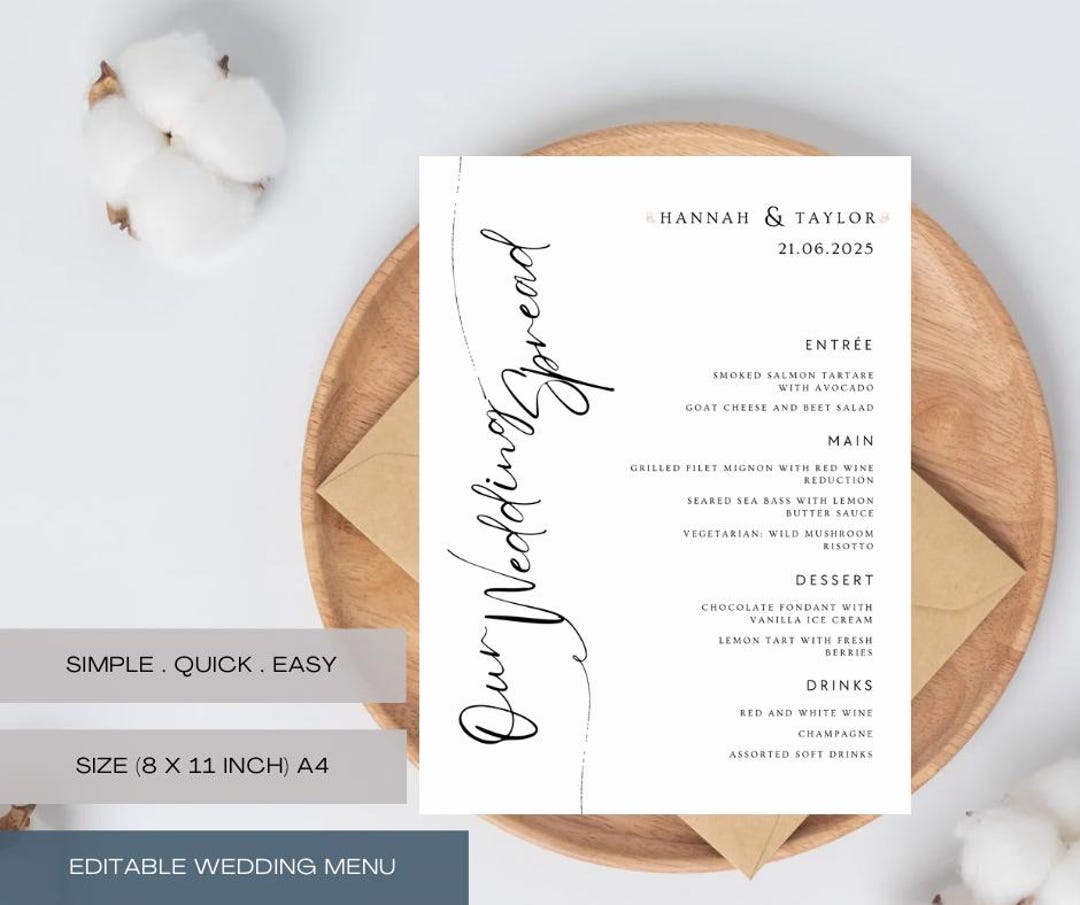 Wedding Menu Template, Printable Menu Card, 8x11, 4x9 Wedding Menu ...