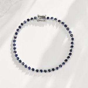 Natural Sapphire Bracelet 18K White Gold Plated Tennis Bracelet for Women Wedding Bracelet Gift For Her Round Shaped Sapphire Bracelet