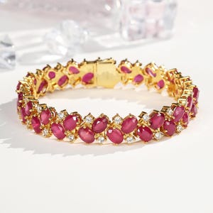 Tennis Ruby Bracelet, 18k Yellow Gold Plated, 39ct(5*7mm) Oval Ruby , Elegance Bracelet, Gift For Her Bracelet For Women ,Daily Bracelet