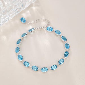 Swiss Blue Topaz Bracelet, 18K White Gold Plated, Topaz Tennis Bracelet for Women, Wedding Bracelet, Gift For Her, Women Bracelet
