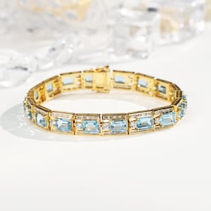 Natural Sky Blue Topaz Bracelet, 18k Yellow Gold Plated,Tennis Topaz Bracelet,Statement Bracelet Gift For Her Bracelet For Women