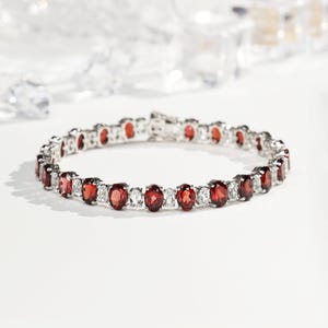 Natural Garnet Bracelet,18k White Gold Plated, Tennis Garnet Bracelet, Gift For Her For Women ,Halo Garnet Bracelet, Anniversary Gift