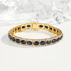 Natural Sapphire Bracelet, 18K white gold plated, Tennis Sapphire Bracelet,  26.2ct(5*7mm) Oval Sapphire, Elegance Bracelet, Gift For Her