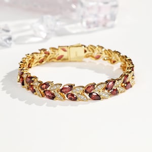 Natural Garnet Bracelet,18K Yellow Gold Plated Bracelet,Delicate Bracelet,Tennis Garnet Bracelet, Bracelet Gift For Her Bracelet For Women