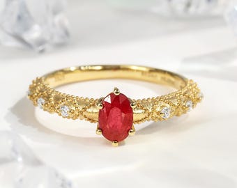 Handmade Ruby Ring, 18k Yellow Gold Plated, Unique Engagement Ring, Vintage Ruby Ring,Statement Ring For Women,Gift For Her