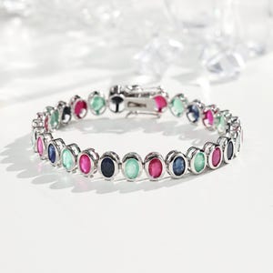 Women Tennis Bracelet, 925 Silver With Gold Plated,Ruby Sapphire and Emerald Bracelet, Gift For Her Bracelet For Women ,Daily Jewelry