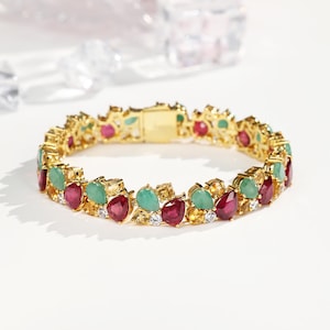 Women Elegant Bracelet,18K Yellow Gold Plated, Pear Ruby And Emerald Bracelet, Gemstone Bracelet, Gift For Her Bracelet For Women